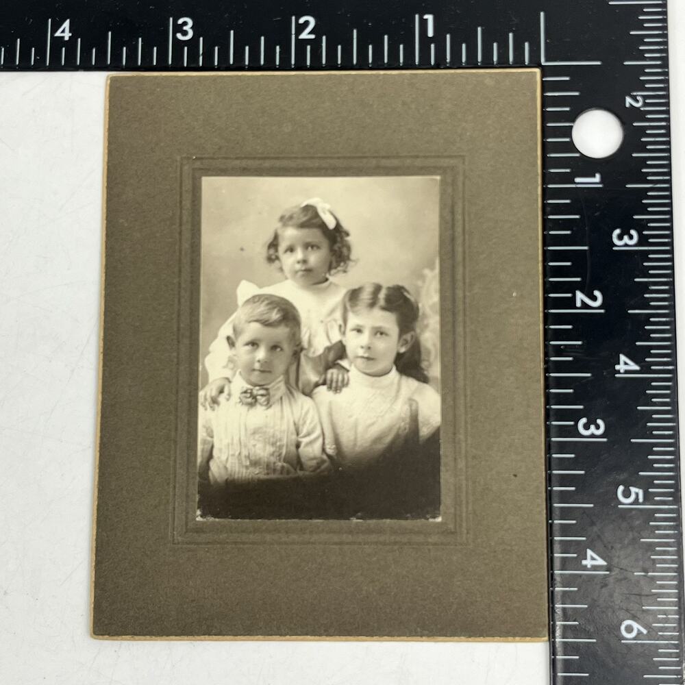 Antique Photo Edwardian Children Siblings Boy Girls Portrait Matted c1900s